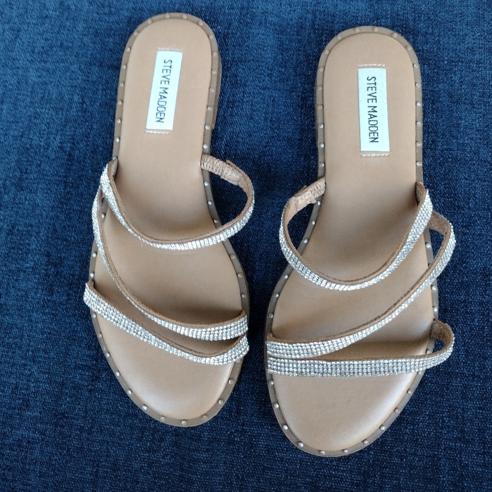 Steve Madden Tan Sandal with Gold Rhinestone Straps